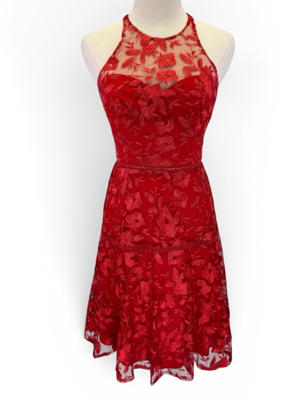 Davids Bridal Studio Red Floral Embroidered Lace Halter Fit & Flare Dress Size 4